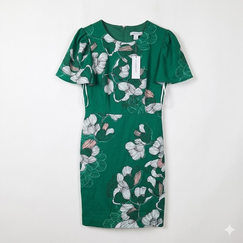 NWT Liz Claiborne Green Floral Flutter Sleeve Sheath Knee Length Dress Size 6